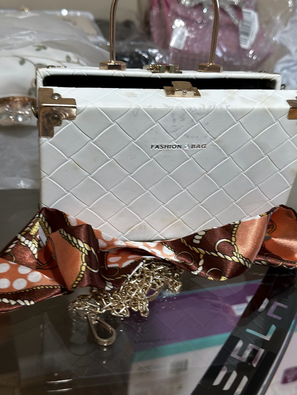 White Woven Box Crossbody Bag with Gold Hardware